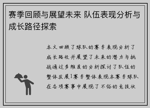 赛季回顾与展望未来 队伍表现分析与成长路径探索
