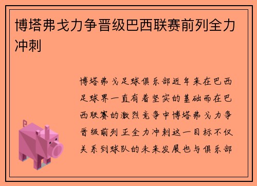 博塔弗戈力争晋级巴西联赛前列全力冲刺
